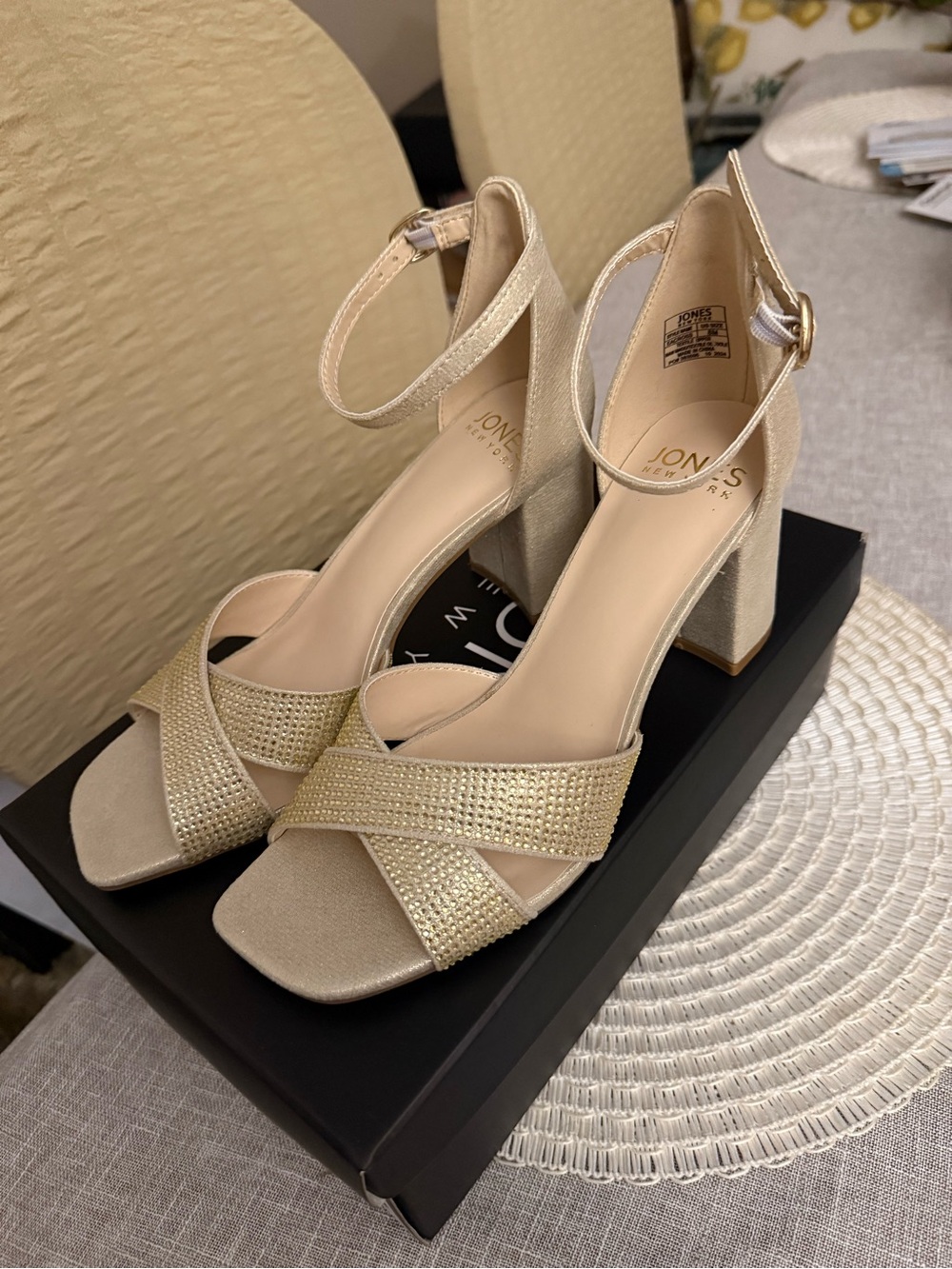Jones New York Gold Crisscross Block Heel Sandals with Ankle Strap
